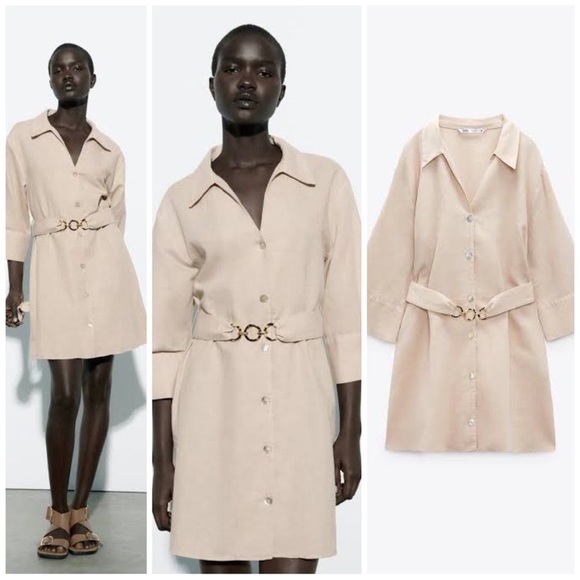 NWT Zara LINEN Blend CHAIN LINK Belt Shirt Dress Khaki/Beige Medium 3/4 Sleeves - Picture 2 of 9